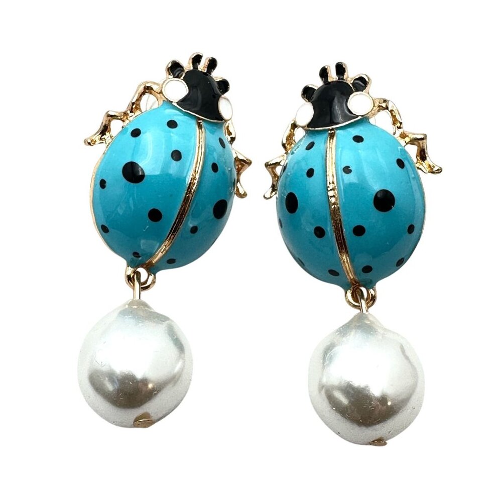 Womens Earrings Pierced Lady Bug Blue Enamel Faux Pearl Gold Tone Chandelier